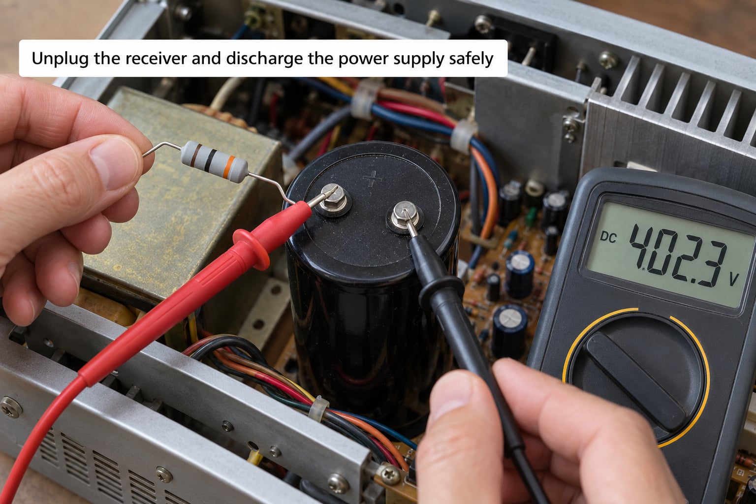 Unplug the receiver and discharge the power supply safely
