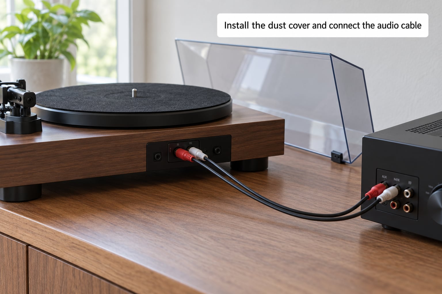 Install the dust cover and connect the audio cable
